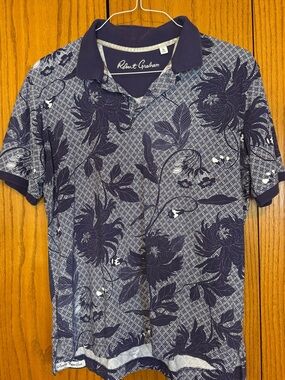 Robert Graham Men's Basque Knit blue  Floral Print Polo Shirt
